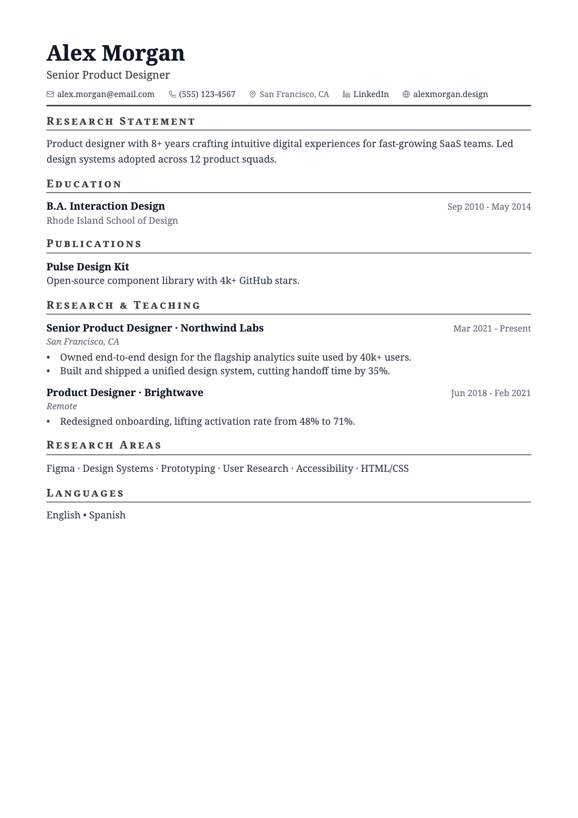 Academic CV résumé template preview