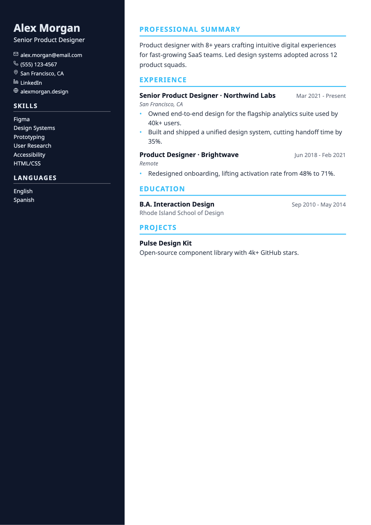 Dark Mode résumé template preview