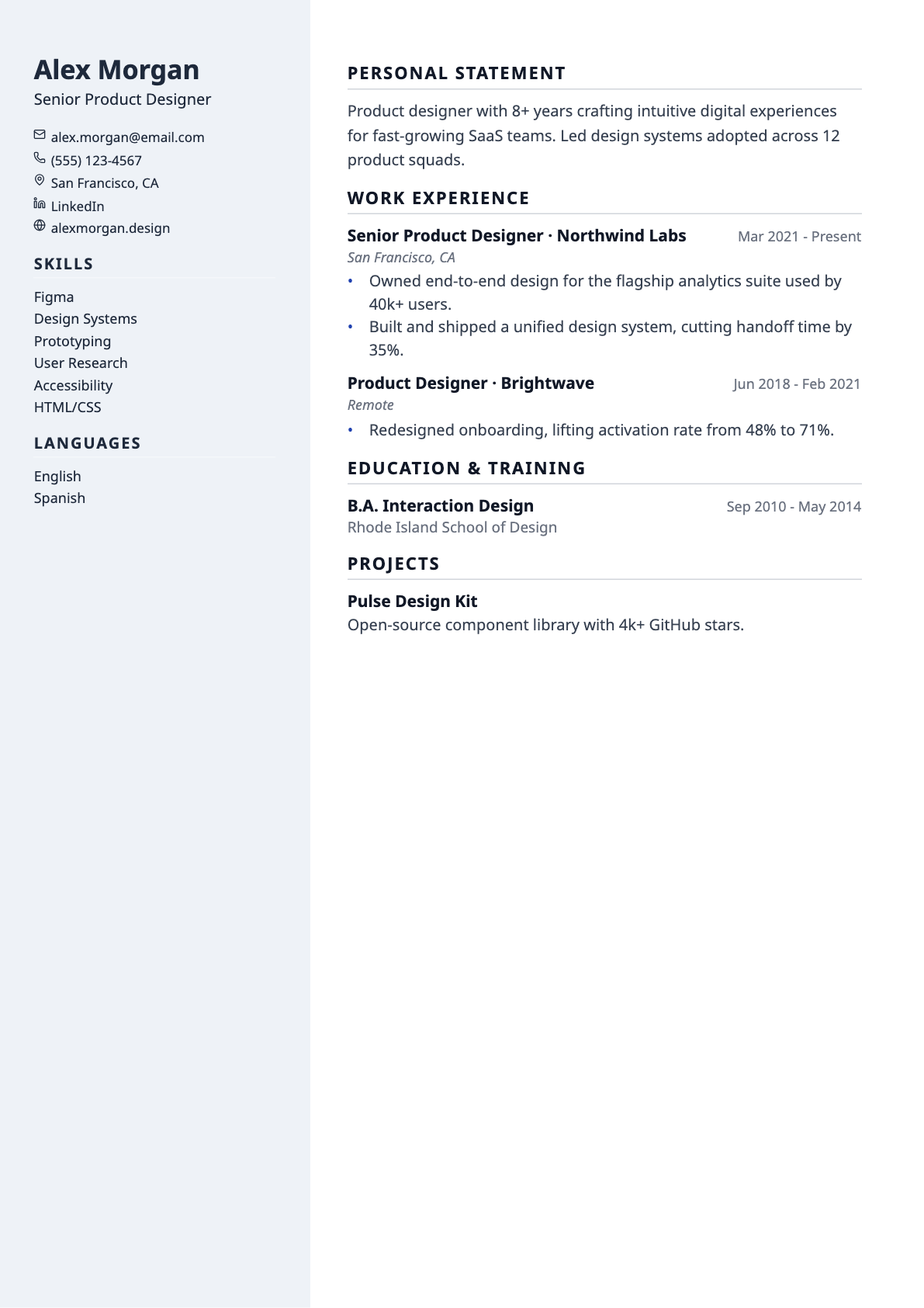 Europass-style résumé template preview