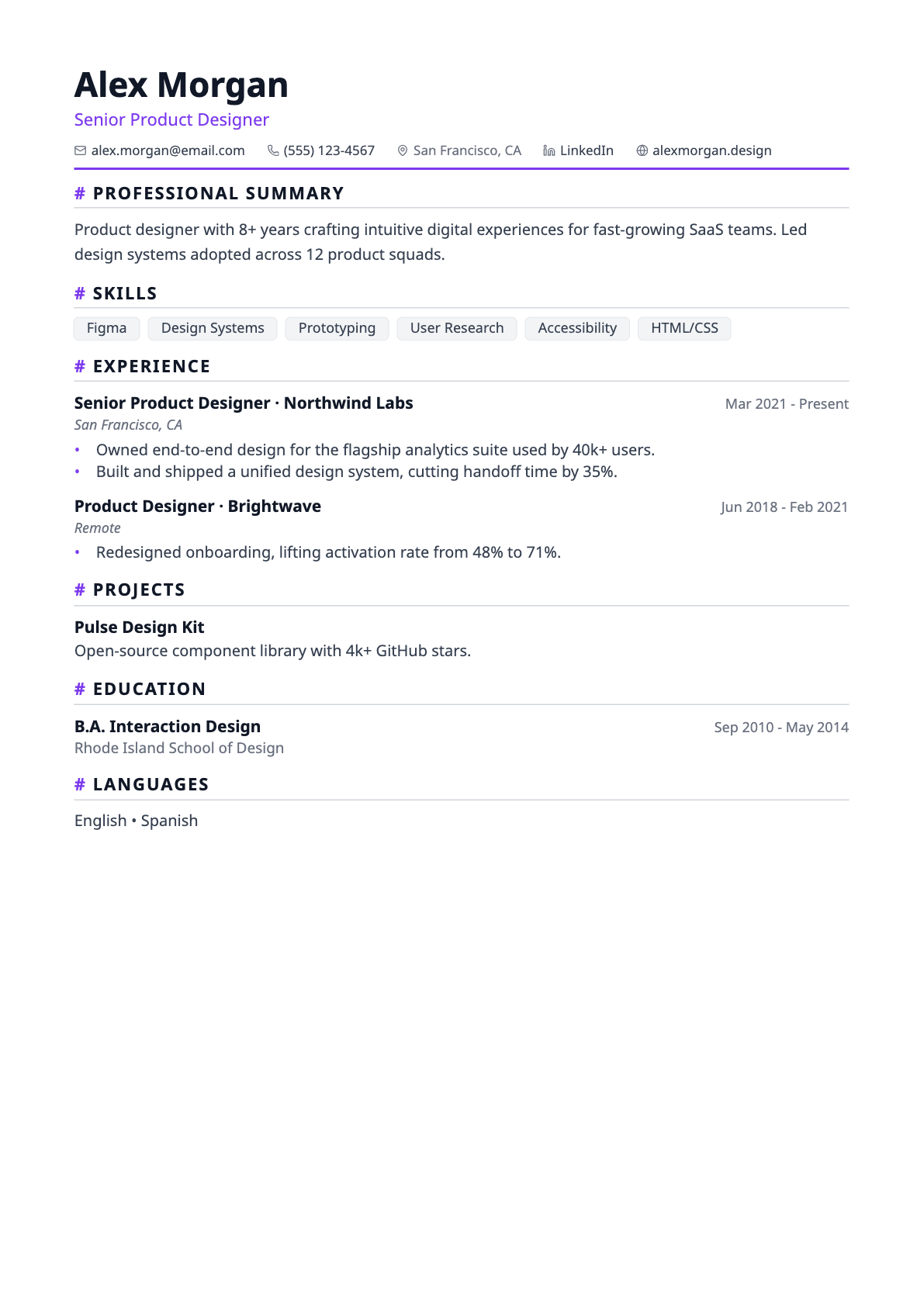 Technical résumé template preview